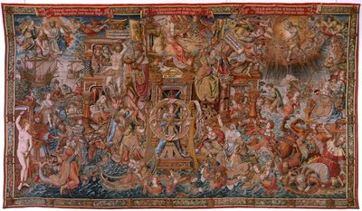 Vlaamse wandtapijt. Serie De Eerbewijzen. Fortuin, De weg naar de Eerbewijzen. Vijfde wandtapijt in de serie. Model Cartonisten uit de kring van Bernard van Orley en Jan Gossaert de Mabuse. Fabriek Pieter van Aelst, Brussel. door Bernard van Orley