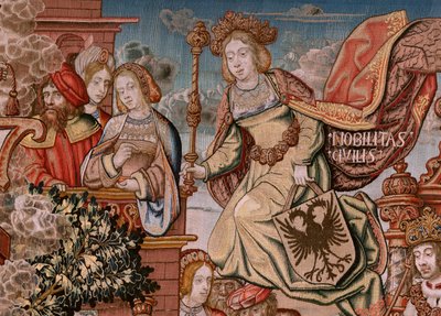 Vlaamse wandtapijt. Serie De Eerbewijzen; Adel. Vierde wandtapijt in de serie. Model Cartonisten uit de kring van Bernard van Orley en Jan Gossaert (Mabuse). Fabrikant Pieter van Aelst, Brussel. Ca 1550. door Bernard van Orley