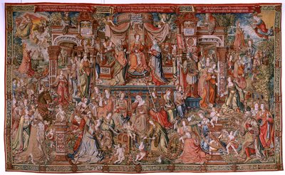 Vlaamse wandtapijt. Serie De Eerbewijzen; Voorzichtigheid (La Prudencia). Zevende wandtapijt in de serie. Model Cartonisten uit de kring van Bernard van Orley en Jan Gossaert (Mabuse). Fabriek Pieter van Aelst, Brussel. Ca 1550. Stof Goud, zilver, zijde en door Bernard van Orley