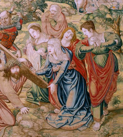 Vlaamse wandtapijt. Serie De Passie van Christus. Val op weg naar Calvarie (Caída en el camino del Calvario). Tweede wandtapijt in de serie. Modellen Cartonist Bernard van Orley. Fabriek Pieter de Pannemaker, Brussel. Ca 1518-1523. Stof Goud, zilver, door Bernard van Orley