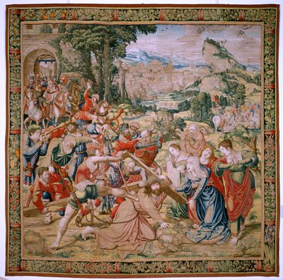 Vlaamse wandtapijt. Serie De Passie van Christus. Val op weg naar Calvarie (Caída en el camino del Calvario). Tweede wandtapijt in de serie. Modellen Cartonist Bernard van Orley. Fabriek Pieter de Pannemaker, Brussel. Ca 1518-1523. Stof Goud, zilver, door Bernard van Orley