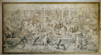 Zesde Italiaanse Oorlog (1521-1526): De Slag bij Pavia op 25 februari 1525, uittocht van het garnizoen van Pavia en de Zwitsers. De Slag bij Pavia zag de nederlaag van Frans I tegen Karel V. Tekening door Bernard Van Horley (1488-1541) 1525 Parijs door Bernard van Orley