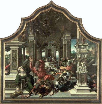 De Vernietiging van het Huis van Job, centraal paneel van het Drieluik van de Deugd van Geduld, 1521 door Bernard van Orley