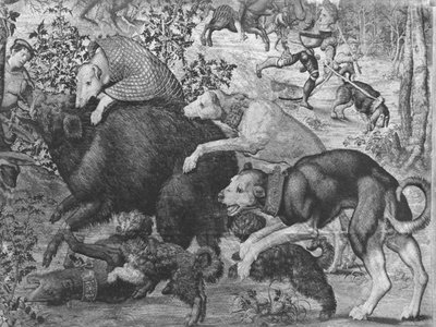 De Jachten van Maximiliaan, Steenbok, De Zwijnenjacht, detail van honden die het zwijn aanvallen, Gobelins Fabriek door Bernard van Orley