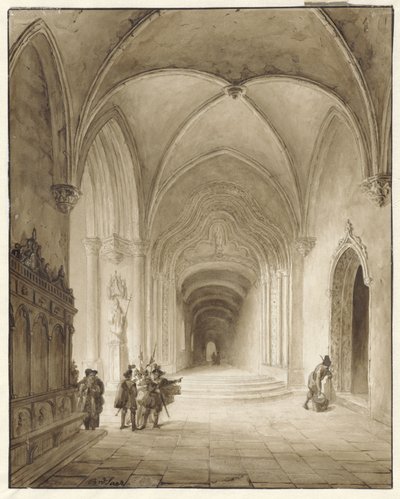 Kerkinterieur met krijgslieden bij de ingang door Bernard van de Laar