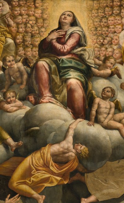 Apsis, Altaarstuk door Bernardino Gatti genaamd Il Sojaro voltooid door Giovanni Battista Trotti genaamd IL Malosso, Hemelvaart van de Maagd door Bernardino Gatti