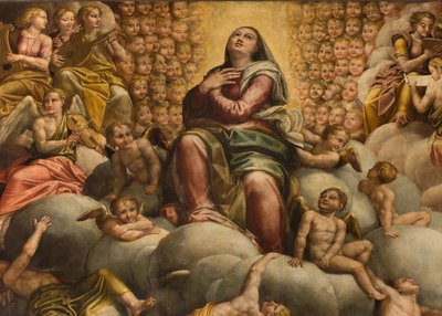 Apsis, Altaarstuk door Bernardino Gatti genaamd Il Sojaro voltooid door Giovanni Battista Trotti genaamd IL Malosso, Hemelvaart van de Maagd door Bernardino Gatti