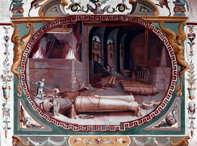 Representatie van de werkplaats van een kanongieterij door Bernardino Barbatelli Poccetti