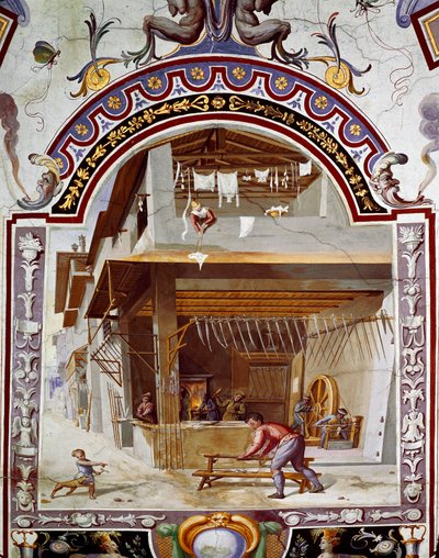 Voorstelling van de werkplaats van een wapensmid, onderin de oven maakt een van de arbeiders een zwaard. Fresco door Bernardino Barbatelli genaamd Poccetti (1548-1612) Florence, Galleria degli Uffizi door Bernardino Barbatelli Poccetti