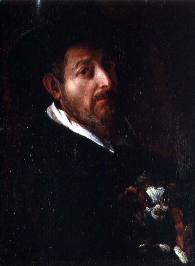 Zelfportret met een hond door Bernardino Barbatelli Poccetti