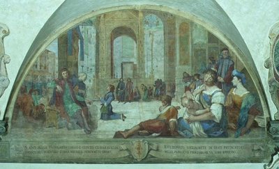 De jonge St. Antonius die bidt voor het kruis in het stadsplein door Bernardino Barbatelli Poccetti