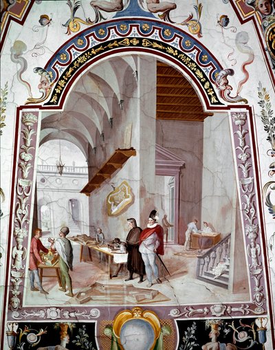 Zicht op een architectenwerkplaats. Fresco door Bernardino Barbatelli, genaamd il Poccetti (1548-1612) 17e eeuw Galleria degli Uffizi, Florence door Bernardino Barbatelli Poccetti