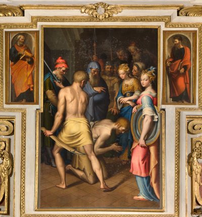 Kapel van Onze Lieve Vrouw van het Volk, Tweede span noordzijde, Onthoofding van de Doper 1569, Aan de zijkanten St. Peter en St. Paul 1520-30 door Bernardino Campi