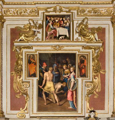 Kapel van Onze Lieve Vrouw van het Volk, Tweede span noordzijde, Onthoofding van de Doper 1569, Aan de zijkanten St. Peter en St. Paul 1520-30, Banket van Herodes 1569 door Bernardino Campi