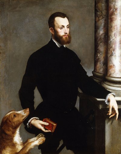 Portret van een Heer, Staand driekwart lengte, gekleed in een zwart kostuum en een boek vasthoudend door Bernardino Campi