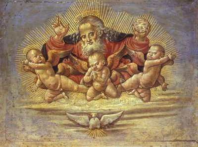Deel van een Altaarstuk met God de Vader en Drie Engelen, c.1500 door Bernardino Fungai