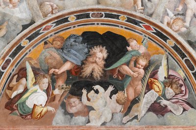 Engelen en putti, (detail) van Het Martelaarschap van Sint-Catharina (fresco) door Bernardino Lanino