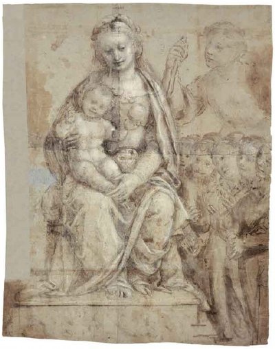 Madonna met kind, een krijgerheilige (Michael) en een groep aanbidders door Bernardino Lanino