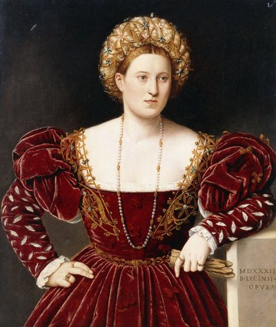Portret van een Dame, driekwart lengte, in een bordeaux jurk met gespleten mouwen, handschoenen vasthoudend door Bernardino Licinio