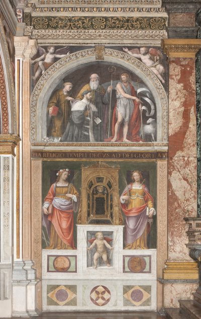 Alessandro Bentivoglio met heiligen en onder Sint Rosa en Sint Justina (fresco) (detail) door Bernardino Luini