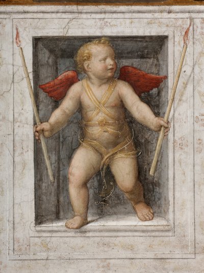 Een engel met kaarsen detail (fresco) door Bernardino Luini