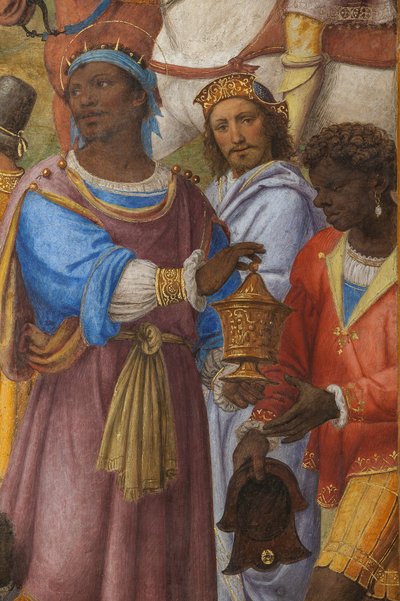 (Detail) van de Aanbidding van de Drie Wijzen, Presbytery of Hoofdkapel (fresco) door Bernardino Luini