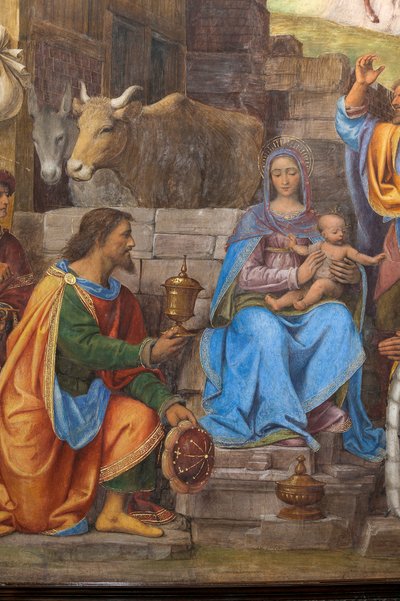 Detail van de Aanbidding van de Drie Wijzen, Presbyterium of Hoofdkapel door Bernardino Luini