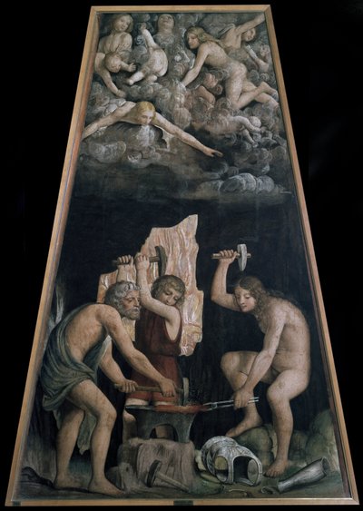 Goddelijke wapens gesmeed in de smidse van Vulcanus voor enkele engelen liggend in de wolken, detail (fresco) door Bernardino Luini