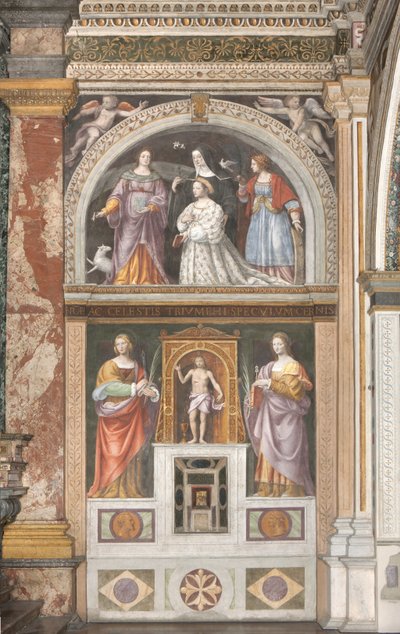 Ippolita Sforza met Heilige Agnes en Heilige Catharina en onder Heilige Apollonia en Heilige Lucia, ca. 1522-25 (detail) door Bernardino Luini