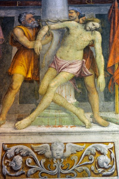 Jezus vastgebonden aan een kolom, fresco door Bernardino Luini in de kerk van Sint-Mauritius in het Maggiore-klooster, Milaan, Lombardije, Italië door Bernardino Luini