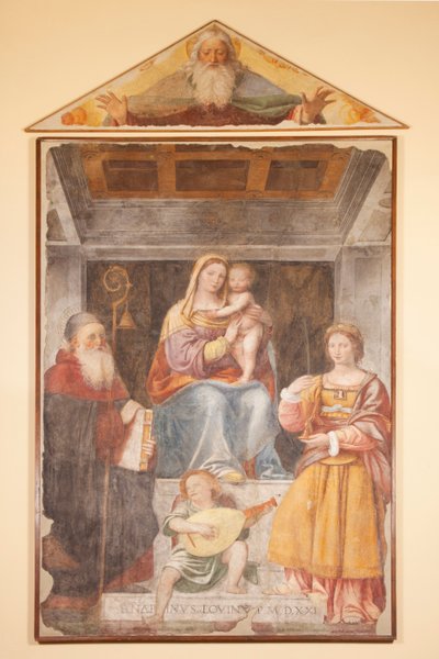 Madonna en kind, Sint Antonius de Grote, Sint Barbara en muzikale engel door Bernardino Luini