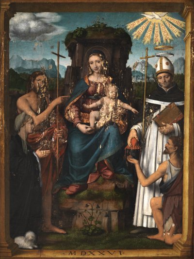 Maagd en Kind Enthroned met Sint Jan de Doper, Sint Antoninus, een Vrouwelijke Donor en een Bedelaar door Bernardino Luini