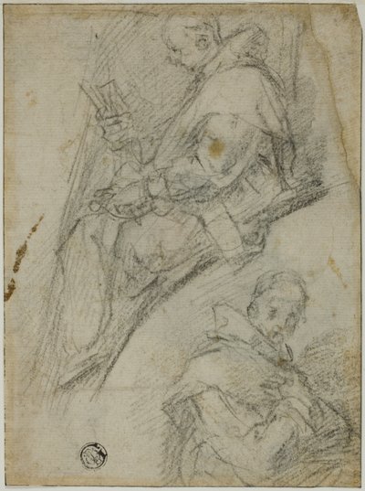 Twee studies van kartuizers (recto); Drie schetsen van hoofden van kartuizers (verso) door Bernardino Poccetti