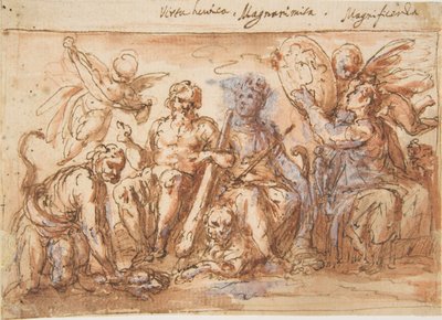 Allegorische Figuren: Kracht, Hercules die de Hydra Wurgt, Overvloed en Roem, 1600-1650 door Bernardino Rodriguez