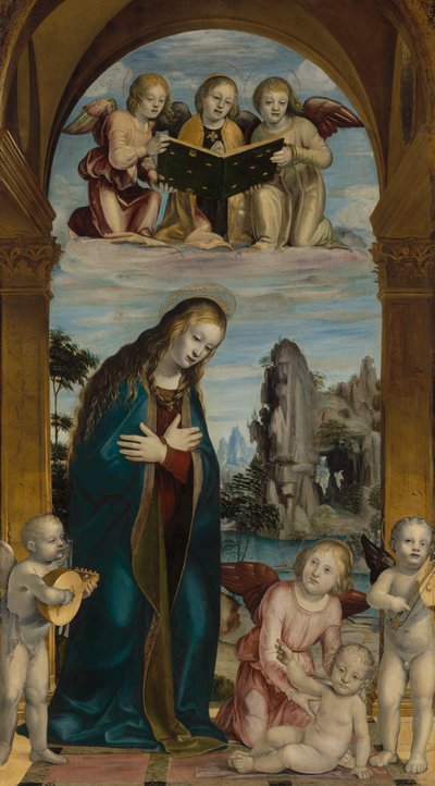 Madonna die het kind aanbidt met musicerende engelen door Bernardino Zenale