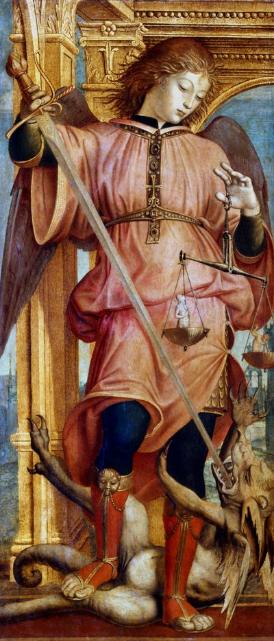 Sint Michaël de Aartsengel vecht met een draak met een zwaard, ca. 1484-1526 door Bernardino Zenale