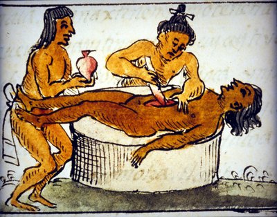 Menselijke offerande: rituele offerande bij de Azteken. Uit een manuscript van Bernardino de Sahagun door Bernardino de Sahagun