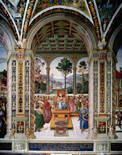 Aeneas Sylvius Piccolomini Houdt een Rede voor Koning Jacobus I van Schotland in 1435 door Bernardino di Betto Pinturicchio