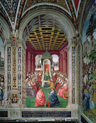 Aeneas Sylvius Piccolomini (1405-64) Doet een Act van Onderwerping aan Paus Eugenius IV (1383-1447) 7 februari 1447 door Bernardino di Betto Pinturicchio