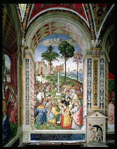 Aeneas Sylvius Piccolomini (1405-64) presenteert Eleonora van Aragon aan Frederik III (1415-93) op 24 februari 1452 door Bernardino di Betto Pinturicchio