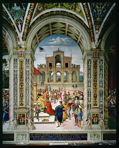 Aeneas Sylvius Piccolomini wordt tot Dichter Laureaat Gekroond door Frederik III in 1442 door Bernardino di Betto Pinturicchio