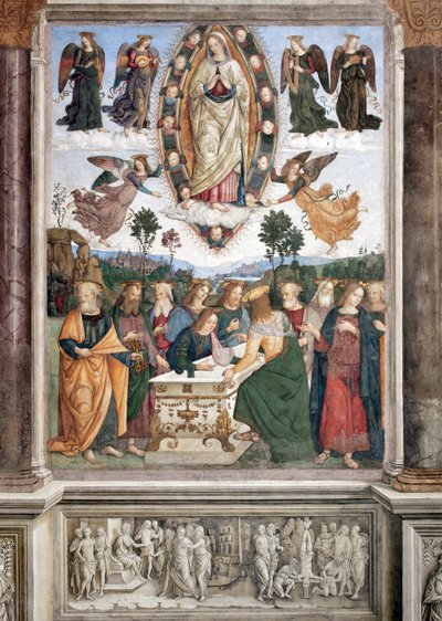 Hemelvaart van de Maagd - De Maagd wordt voorgesteld in een mandorla - Fresco door Pinturicchio (Bernardino di Betto) (1454-1513) 1484-1492 Rome, Basiliek van Santa Maria del Popolo, Kapel Basso della Rovere door Bernardino di Betto Pinturicchio