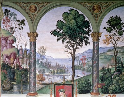 Achtergrondlandschap gezien door de loggia (detail) door Bernardino di Betto Pinturicchio