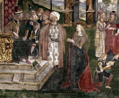 Detail van het geschil van St. Catharina van Alexandrië met de filosoof, voor de Romeinse keizer Maxentius door Bernardino di Betto Pinturicchio