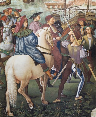 Enea Silvio Piccolomini vertrekt naar Basel als secretaris van de bisschop van Ferrara, detail uit de Verhalen van Pius II door Bernardino di Betto Pinturicchio