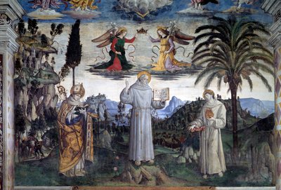 Glorie van Bernardino van Siena. Detail van heilige tussen Sint-Lodewijk van Anjou en Sint-Antonius van Padua door Bernardino di Betto Pinturicchio