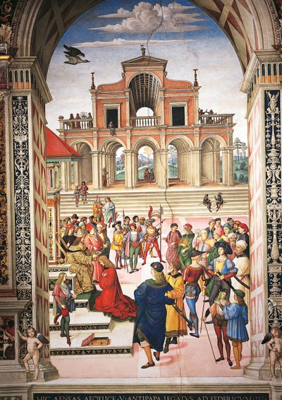 Italië, Siena, Kathedraal, Piccolomini Bibliotheek, Enea Silvio Piccolomini wordt tot dichter gekroond door Keizer Frederik III, detail uit Verhalen van Pius II door Bernardino di Betto Pinturicchio