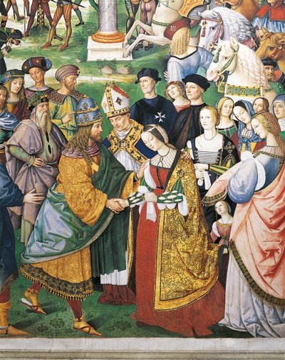 Italië, Siena, Kathedraal, Piccolomini Bibliotheek, Enea Silvio Piccolomini, bisschop van Siena bij de kroning van Frederik III en Eleonora van Aragon, detail uit Verhalen van Pius II door Bernardino di Betto Pinturicchio