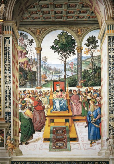 Italië, Siena, Kathedraal, Piccolomini Bibliotheek, Enea Silvio Piccolomini houdt toespraak voor koning Jacobus I van Schotland, detail uit Verhalen van Pius II door Bernardino di Betto Pinturicchio
