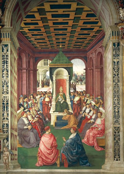 Italië, Siena, Kathedraal, Piccolomini Bibliotheek, Enea Silvio Piccolomini in daad van onderwerping aan Paus Eugenius IV, detail uit Verhalen van Pius II door Bernardino di Betto Pinturicchio